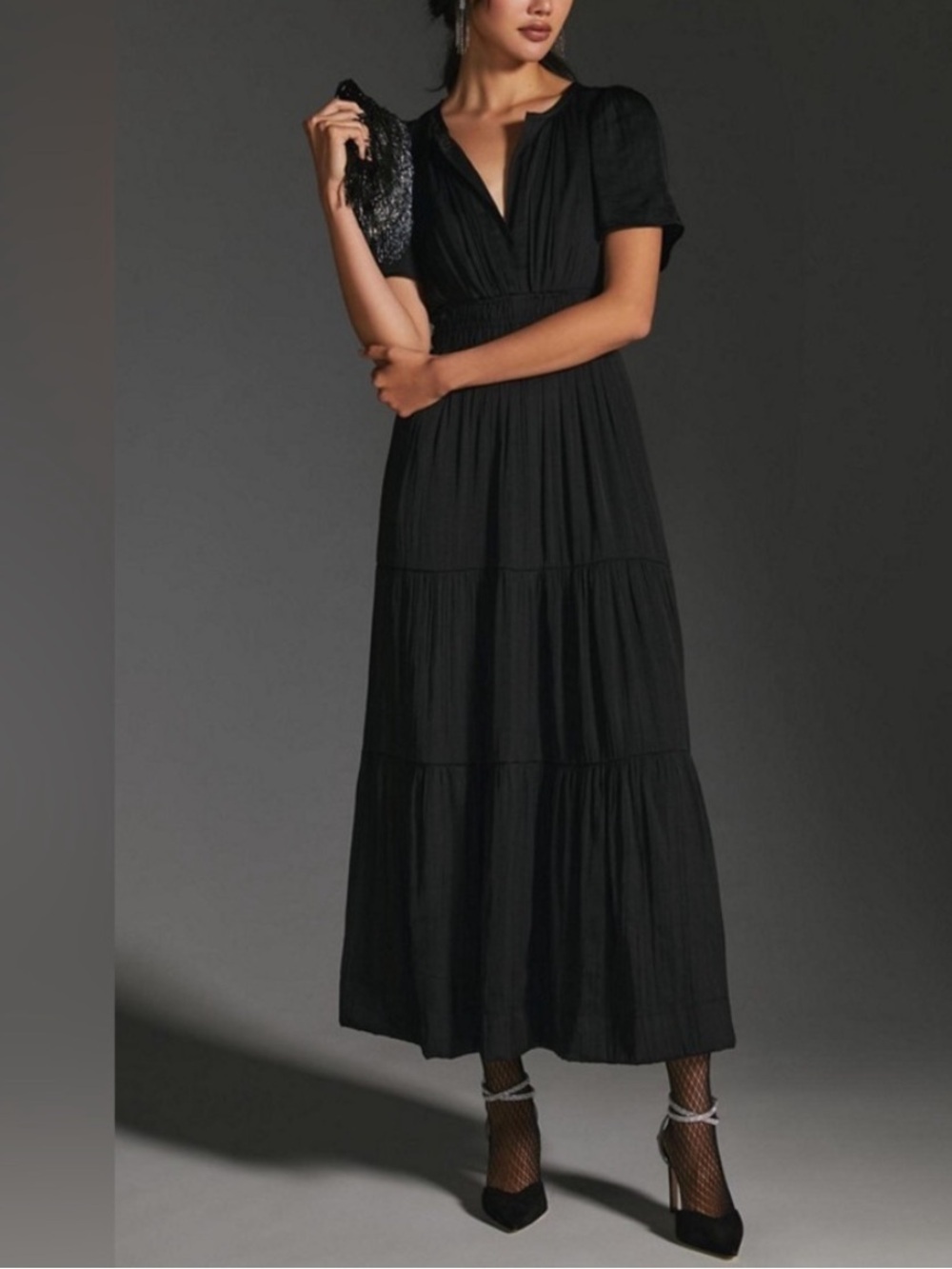 Anthropologie Somerset Black Tiered Silky Maxi Dress